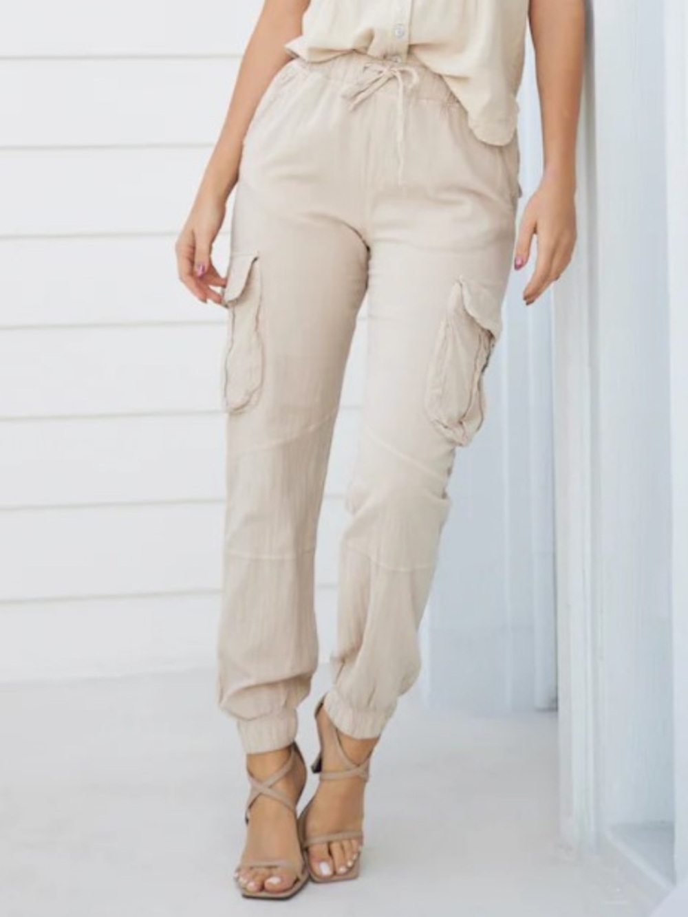 Blanco by Nature 100% Cotton Cargo Jogger Pants Women’s Large Beige Made in Peru